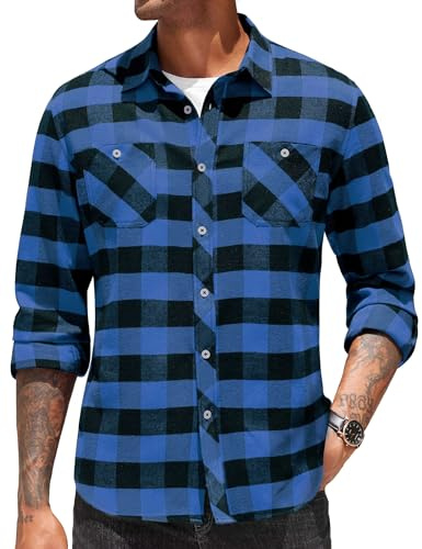 COOFANDY Camisa de Hombre a Manga Larga Camisa Cuadros con Bolsillo Camisa Tradicional Camisa de Algodon Camisa Oktoberfest Camisa Casual de Negocios Azul & Negro M