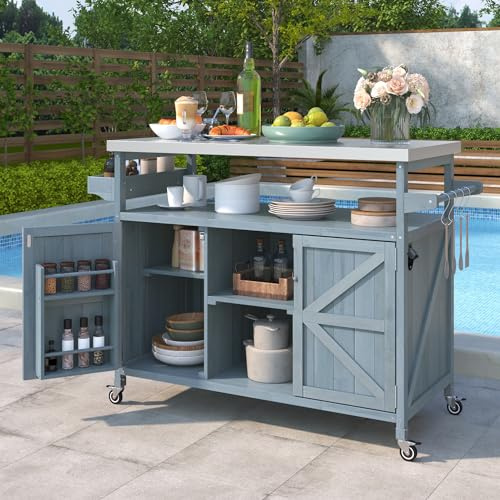 YOPTO Kitchen Island Cart with Stainless Steel Work Top and Ample Storage Space,Fir Wood Outdoor Grill Table,Rolling Bar Cart W/ 4 Internal Racks and Secure Locking Wheels,Grey Blue