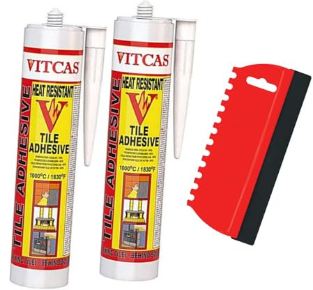 Heat Resistant Tile Adhesive Grout Repair Kit for Indoor Repairs & Patching, Fireplaces, Stoves, Woodburners Includes x2 Vitcas Tile Adhesive 310ml Cartridge + Applicator Grout Tool