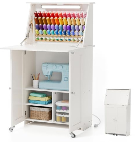 Crafit Table à Coudre, Bureau pour Machine à Coudre avec lumières sous Armoire, Station de Charge, 65 bobines de Fils, Table de Rangement Multifonction avec étagères de Rangement, Design Compact