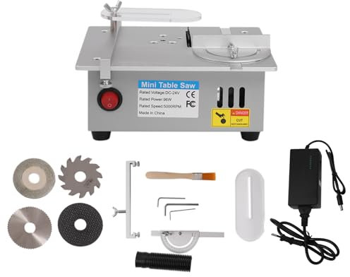 Mini sierra circular de mesa, 96 W, multifuncional, con fuente de alimentación ajustable de 7 marchas, rango de elevación, hoja de sierra de 0,1 a 15 mm, 5000 rpm, para manualidades (plata)