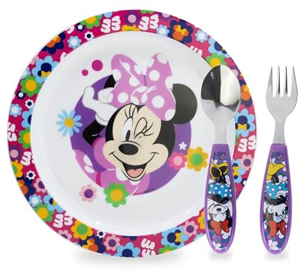 Sorrisini Vajilla Infantil Reutilizable Apta Para Microondas Para Niños, Juego de Desayuno para la Primera Comida Cubiertos, Tenedor, Cuchara de Acero Inoxidable y Plato, sin BPA, Minnie