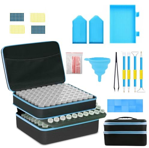 Penbinmall Set di 240 scatole per pittura a diamante con valigetta organizzativa, imbuto e adesivi - Accessori per pittura diamantata 5D per progetti fai da te strutturati - Valigia blu con scomparti