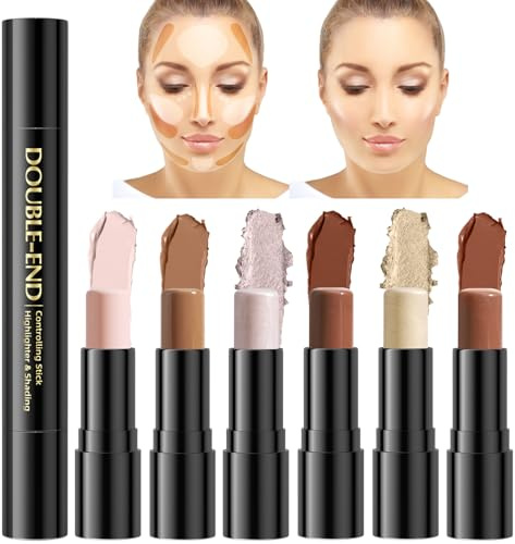 6 Colors Cream Highlighter Contour Stick Makeup Kit, 3PCS Double-end Bronzer Contour Stick Kit for Sculpt the Cheeks, Long Lasting Waterproof Concealer Kit for All Skin Type