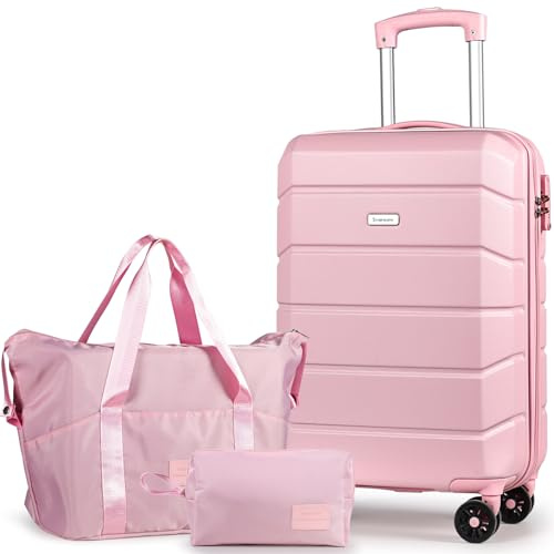 Tavoxda Cabin Suitcase Hand Small Luggage Carry On Suitcase, ABS Hard Shell Spinner Wheels with Travel Tote and Toiletry Bag, 20Inch Set, Pink