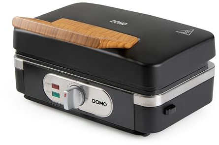 DOMO DO9278C Appareil multifonction 3 en 1 - Croque monsieur - Gaufrier - Gril contact - 1100 W - Design noir mat avec poignée en bois