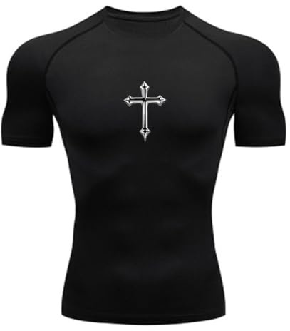 Maglia Compressiva con Stampa Croce per Uomini – T-Shirt Sportive Cristiane, Top per Palestra, Allenamento, Corsa, Canottiere & Rash Guard,1,M