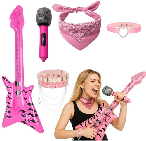 Luftgitarren zum Aufblasen, 5-teiliges Rockstar-Party-Set mit Mikrofon, Aufblasbare Gitarre, Halskette, Stirnband und Armband, Ideal für Mottopartys und Karneval