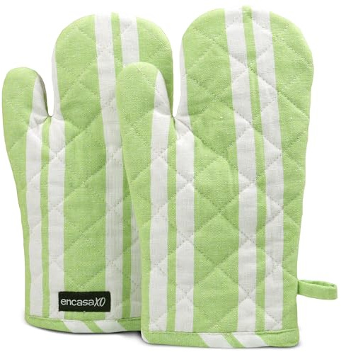 Encasa XO Oven Gloves, Heat Resistant Cooking & Baking Mitts Lime | 3 Layer Quilted Cotton | Heat Resistant up to 220°C | CE Certified | Long Wrist Guard | Set of 2