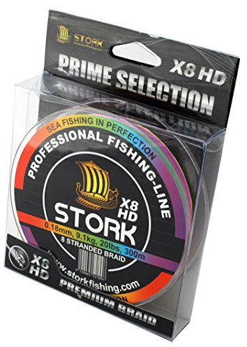 Stork HDx8, 8-Fach geflochtene premium Angelschnur 300m (Multicolor, 20 lbs / 9.1 kg / 0.18 mm)