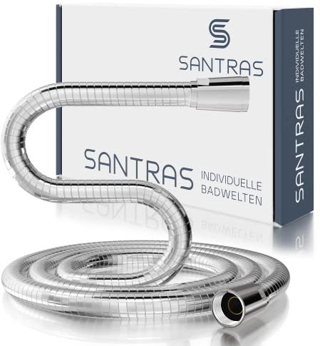 SANTRAS® Duschschlauch PREMIUM Chrom 1,50 m MADE IN GERMANY mit Wassersparer – Besonders flexibel und verdrehsicher mit DURCHFLUSSBEGRENZER – Brauseschlauch in Edelstahloptik aus Easy Clean Material