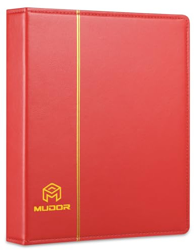 MUDOR Empty Premium PU Classic Binder, 4 Ring Binder Albums Stockbook for Stamps, Documents, Coins, Bank Notes (Red)