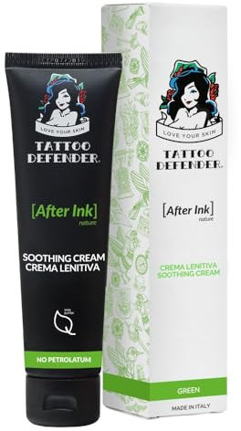 Tattoo Defender - After Ink Nature 100ml - Crema Lenitiva Ed Idratante Per La Cura Dei Nuovi Tatuaggi - Con Acido Ialuronico E Burro Di Karitè - Senza Petrolatum - Dermatologicamente Testata