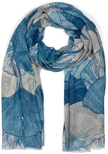styleBREAKER Damen Schal mit farbigem Ginkgo Leaves Blätter Muster Print und kurzen Fransen, leichtes Tuch, Stola 01016208, Farbe:Blau-Weiß