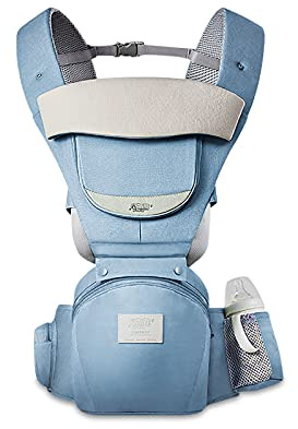 SONARIN Mochila Portabebés Multifunción 3 en 1 con Asiento de Cadera,100% Algodón 3D Air Mesh Portabebés Transpirable para 0-36 Meses,Ergonómico,Ajustable,Todas las Posiciones,Hasta 30 KG(Azul)