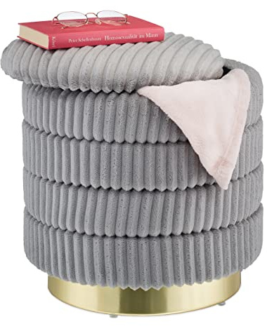 Relaxdays Pouf Coiffeuse avec Espace de Rangement, Rond, élégant, Tabouret Velours côtelé, HxD: 43,5x41 cm, Gris/doré