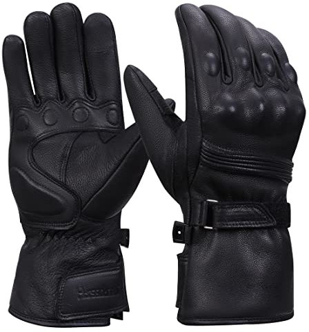 Harssidanzar Guantes de Moto Hombre, Cuero Genuino Masculino Pantalla táctil de Dedo Completo Forro Aislante de Calor Delgado Impermeable Guantes de Motocicleta KM048,Negro,M