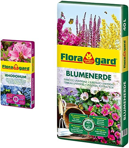 Floragard Rhodohum 40 L • Spezialerde • für Rohododendron, Azaleen, Blaubeeren und andere Moorbeetpflanzen • zur Bodenverbesserung • mit dem Naturdünger Guano & Blumenerde, 40 Liter