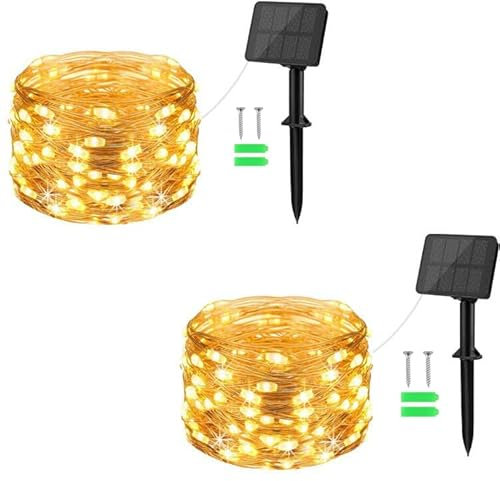 Solar Lichterkette ,Gcstnn 2 Stück 5M 50 LED KupferDraht Aussen,Speicher mit 8 Modi IP65 Wasserdicht Deko für Garten,Bäume,Balkon,Terrasse,Tor,Hof,Weihnachten(Warmweiß)
