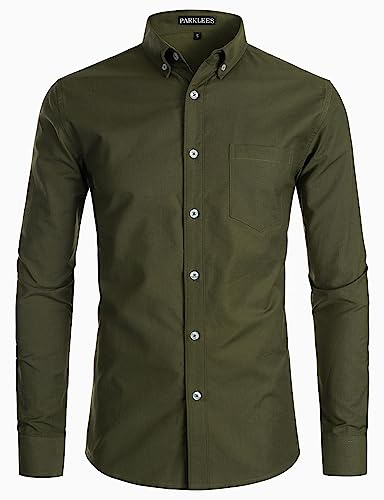PARKLEES Camicie Oxford da uomo slim fit a maniche lunghe eleganti casual con colletto button-down, Verde militare, XXL