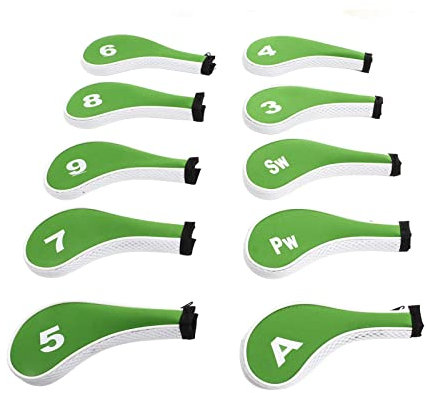 Gavigain 10 Pezzi Copri Testa da Golf, Copri Testa in Ferro con Cerniera Copri Testa in Ferro Coperture in Ferro Set Copri Testa in Ferro da Golf Coperture Mazze da Golf Valore Ferri con (Verde)