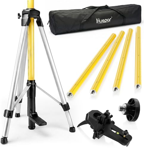 Huepar 12 Ft./3.7M Professional Laser Level Pole with Tripod and 1/4-Inch by 20-Inch Laser Mount for Rotary and Line Lasers, Adjustable Telescoping Laser Pole with 5/8-11 Threaded Adapter-LP36A