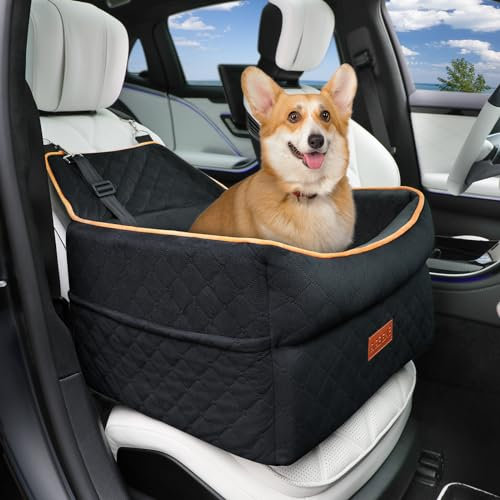 GL GLENSLAVE Dog Car Seat for Small Medium Dogs, Memory Foam Dog Booster Car Seat for Dogs 0-15 kg, Anti-Slip Pet Car Seat with 2 Adjustable Leashes, Elevated Dog Car Travel Bed with Storage Pockets