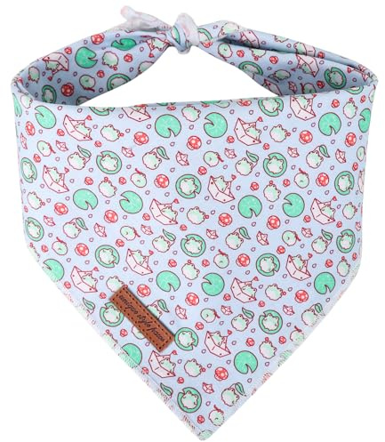 Unique style paws Summer Lotus Frog Dog Bandanas Pet Scarf for Boy and Girl Premium Durable Fabric Colorful Blue Flowers Dog Kerchief for Medium and Large Dogs L