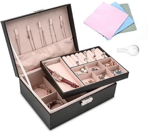 FuninCrea Portagioie Donna Grande Porta Gioielli 2 Strati Scatola Portagioie con Chiave e 3 Pezzi Panno d'Argento, Organizer Gioielli Pelle Custodia per Gioielli per Collane Orecchini Anelli