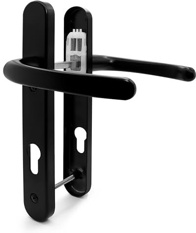 TSS Black UPVC Door Handle Pair Set, Sprung, 92mm PZ (Centres), Lever Lever, 122mm Screw to Screw (Screw centres), Backplate 245mm x 34mm - Replacement PVC Door Handle in Black