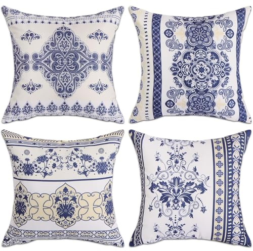 Betadistor Blue Cushion Covers 45x45 Set of 4, Blue and White Porcelain Floral Pillow Covers 18x18 in Traditional Vintage Pillow Case Decorative for Living Room Cushion,Porcelain, 506-0116