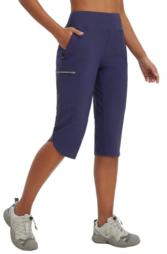 baleaf Women's Cropped Trousers Capri Pants Hiking Cargo Trouser Walking Quick Dry Lightweight with Zipper Pockets Outdoor Navy Blue L
