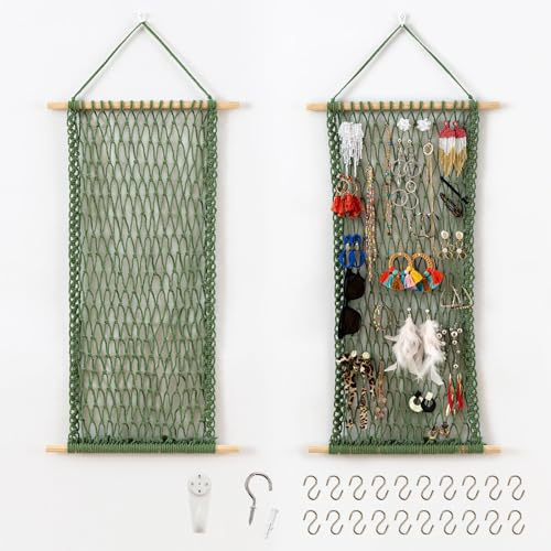 Pretty Jolly Hanging Jewelry Mesh Organizer Macrame Wall Mounted Necklaces Storage Earring Display Rack Girls Hair Clips Hanger with 20 Pieces S Shape Hooks for Bracelets,Necklace and Rings(Green)