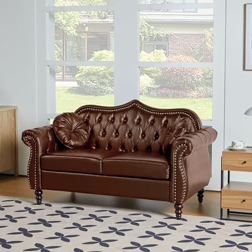 RUSTYER 60 Leather Loveseat Sofa, Modern Mid Century 2 Seater Sofa Couch with Tufted Button and Solid Wood Legs, Chesterfield Sofa with Two Throw Pillows for Living Room Office Bedroom (Brown)