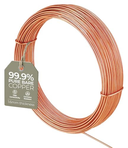 Copper Wire for Jewellery Making 1.6mm, 14 Gauge Wire, Pure Bare Copper 5m | Thick Solid Round Core, 99.9% Purity, Uncoated, for Crafts, Wrapping, Sculpting, Gardening, Plant Stakes and Electroculture