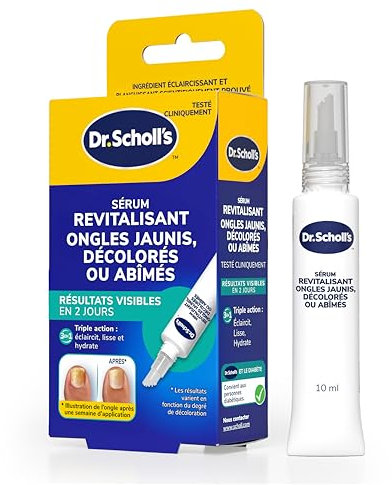 Dr. Scholl's Sérum revitalisant ongles jaunis 10 ml - Résultats visibles dès 2 jours -Triple action : lisse, éclaircit et hydrate - Améliore l'aspect des ongles des mains et pieds abîmés par la mycose