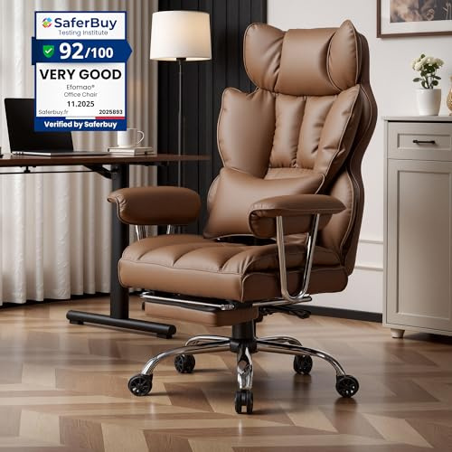 Efomao Desk Office Chair, Big and Tall PU Leather Ergonomic Office Chair, 200KG Adjustable High Back Computer Chair,Executive Swivel Chair with Footrest and Lumbar Support, Brown | 23.5 Wide Dual-Layer Foam Cushion, 135° Reclining PU Leather Desk Seat with Footrest, Independent Movable Lumbar Pillow
