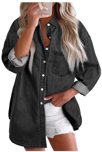 KBOPLEMQ Camisa vaquera para mujer, blusa occidental, túnica para mujer, manga larga, con botones, parte superior, informal, elegante, blusa de corte ajustado, blusa vaquera, camisa vaquera, camisa