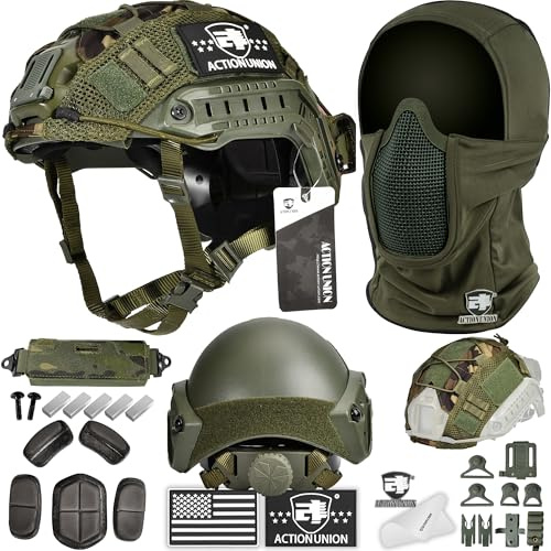 ACTIONUNION Airsoft Helmet and Mask Pro Set Tactical Paintball Helmet and Balaclava Mesh Mask MH Type with Counterweight (OD, Medium)