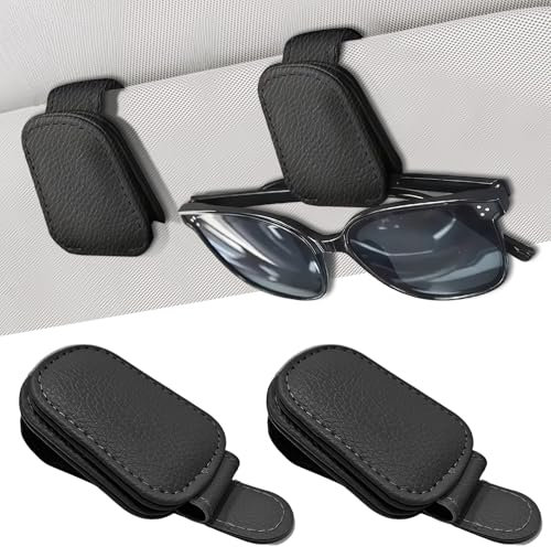 2 pièces porte lunettes pour voiture,support lunettes magnétique en cuir, gadget utile pour auto,accessoire voiture intérieur,pince à carte rangement voiture pour pare soleil et visière(Noir) ﻿