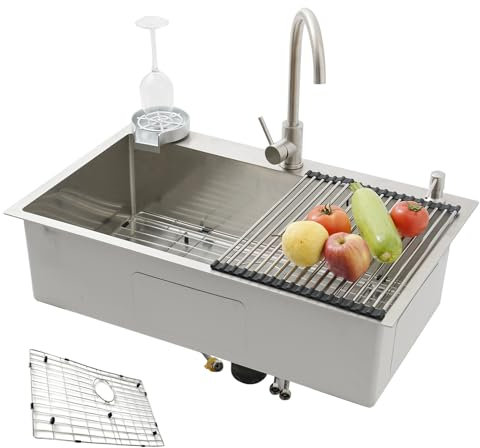 KOOGIMDDR - Fregadero SUS304 de acero inoxidable para cocina, multifunción, hecho a mano, con rejilla escurridor, fregadero de cocina grande de un seno, con grifo y varios accesorios