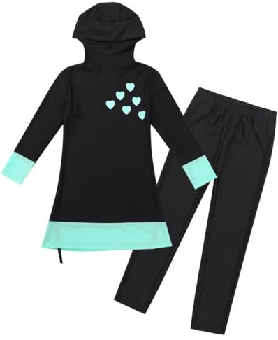 Riismen Modesto Costume da Bagno Musulmano per Bambina Lungo Abbigliamento da Bagno Islamico Hijab Conservatore Costume Full Body Completo Copertura Burkini Nero 10-12 Anni