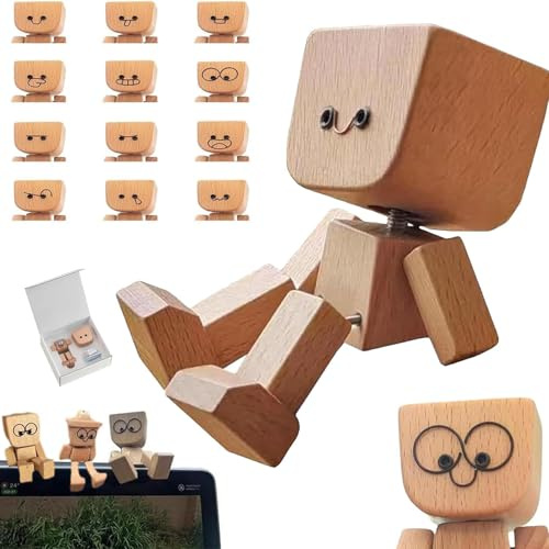 Mailfull Figura de Hombre de Madera Agitada con 12 Expresiones Magnéticas para Sala de Estar Estantería Coche y Decoración de Escritorio de Madera