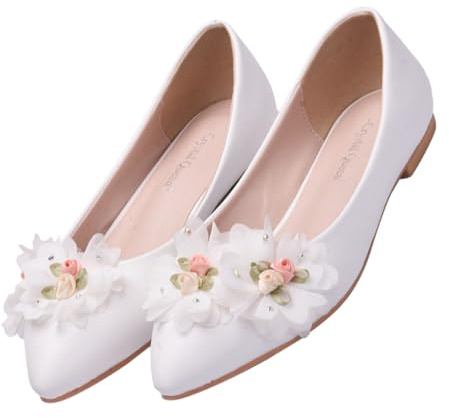 AKOOSY Chaussures Pointues de Mariage Plates pour Femmes Escarpins en Dentelle Blanche Perles et Noeud Taille 40 Confortables et Élégantes pour Mariée et Demoiselles D’Honneur