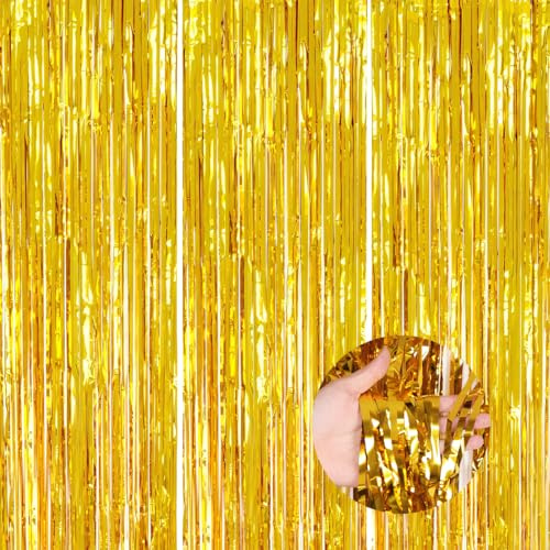 THQAE 3 Piezas Cortina de Oropel, Cortina Decoracion Fiesta, Cortinas de Espumillón, Oro Champagne Flecos Cortina Borla para Graduación, Decoración Pared Fiestas Cumpleaños Navidad Boda (1m x 2m)