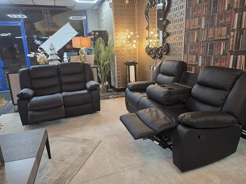 SOFA HUB 3+2 Seater Leather Recliner Sofa Set with Cupholders – Leather Manual Recliner Sofas for Living Room, (Full set 3+2) (Black)