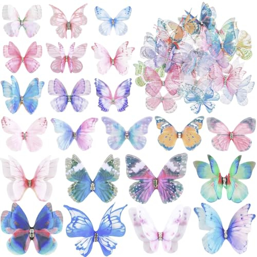 Matwsec 50PCS Butterflies for Crafts Organza Fabric Butterfly Applique 3D Butterfly Decorations for DIY Hair Accessories Wedding Party Decoration Clothes Ornament Home Decor