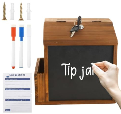 Pengadonationskommentarruta - Låsbar Träförslagslåda | 20,8×16,5×20 Cm, 835 G, Väggmonterad Med Lås, Robust Förvaring För Kontanter, Och Feedback, Idealisk För Café, Kontor, Skola & R