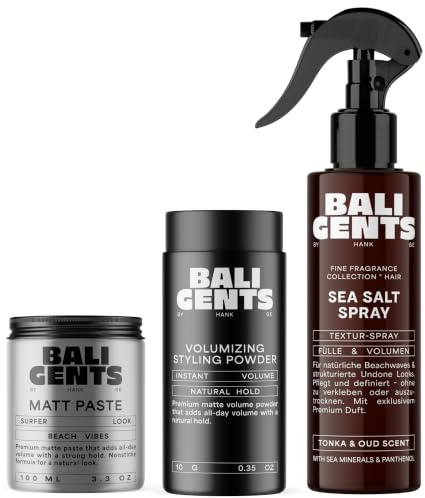 BALI GENTS Styling Heroes Bundle - Kit coiffant pour homme avec pâte mate, poudre coiffante et sel de mer - Maintien volume et texture - 100 ml + 10 g + 175 ml
