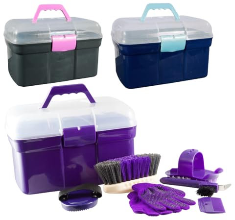 PFIFF 100576 Putzkiste mit Inhalt, Kinderputzbox, 6-teiliges Putzzeug für Kinder, Pferdepflege, Lila